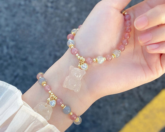 Handmade Strawberry Crystal Bear Bracelet